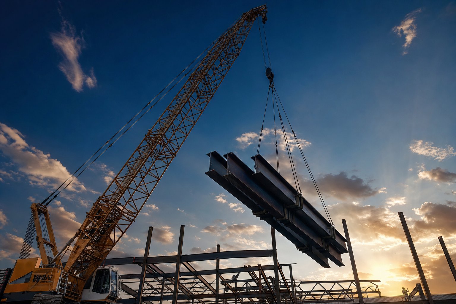 Crane lifting structural steel beam at construction site